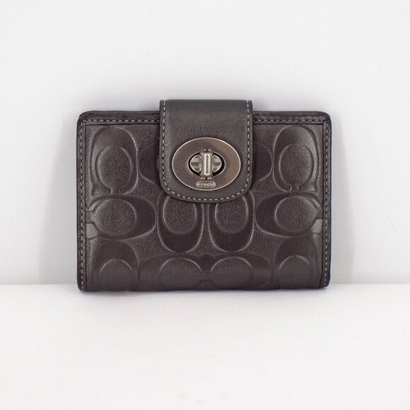 Coach Signature Turnlock Wallet Gray Leather - Picture 1 of 6